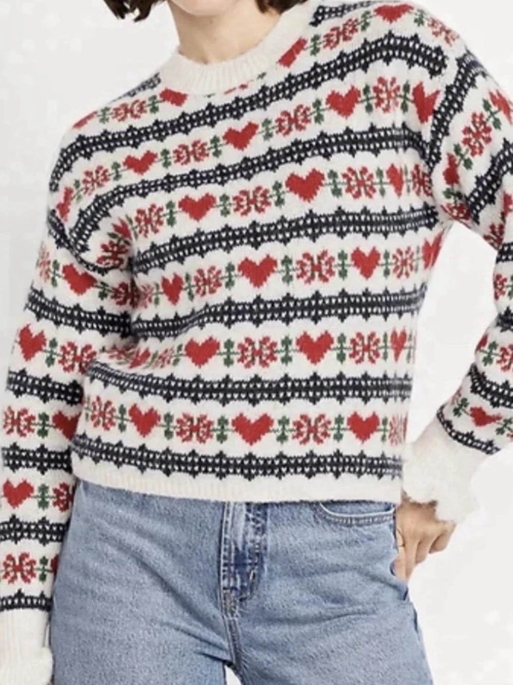 Old Navy Loose Crew Neck Cropped Wool Blend Sweater Fair Isle Hearts
